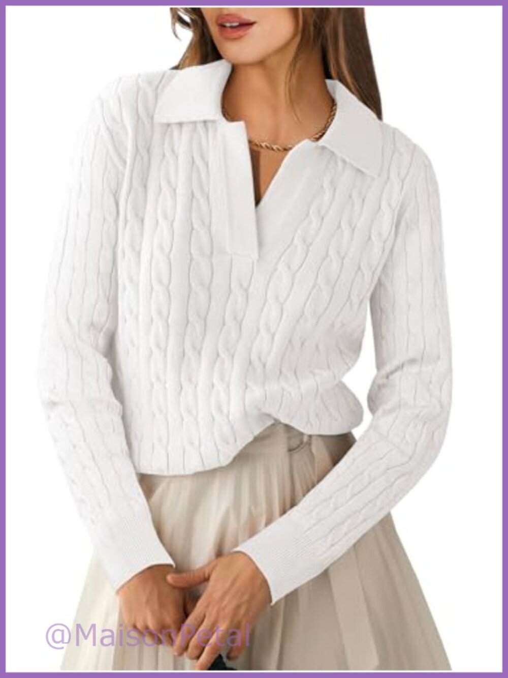 Cable Knit Polo Sweater Long Sleeve V Neck Pullover Fall Layering Top